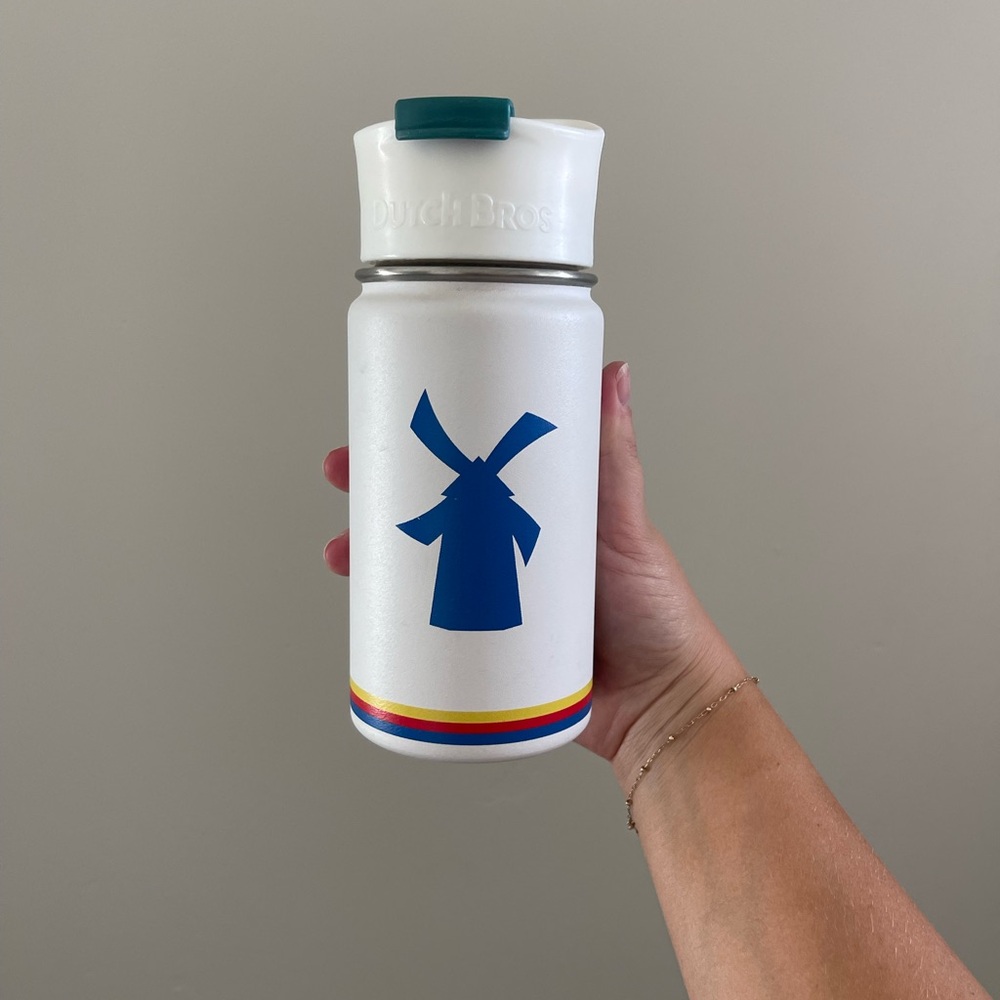 Dutch Bros White Bottle with Blue Logo and Rainbow Stripe